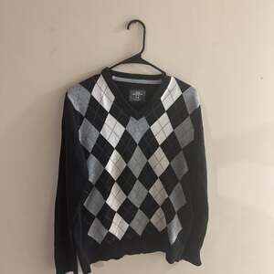 L.O.G.G. Black and Gray Argyle V-Neck Sweater, Men's Medium